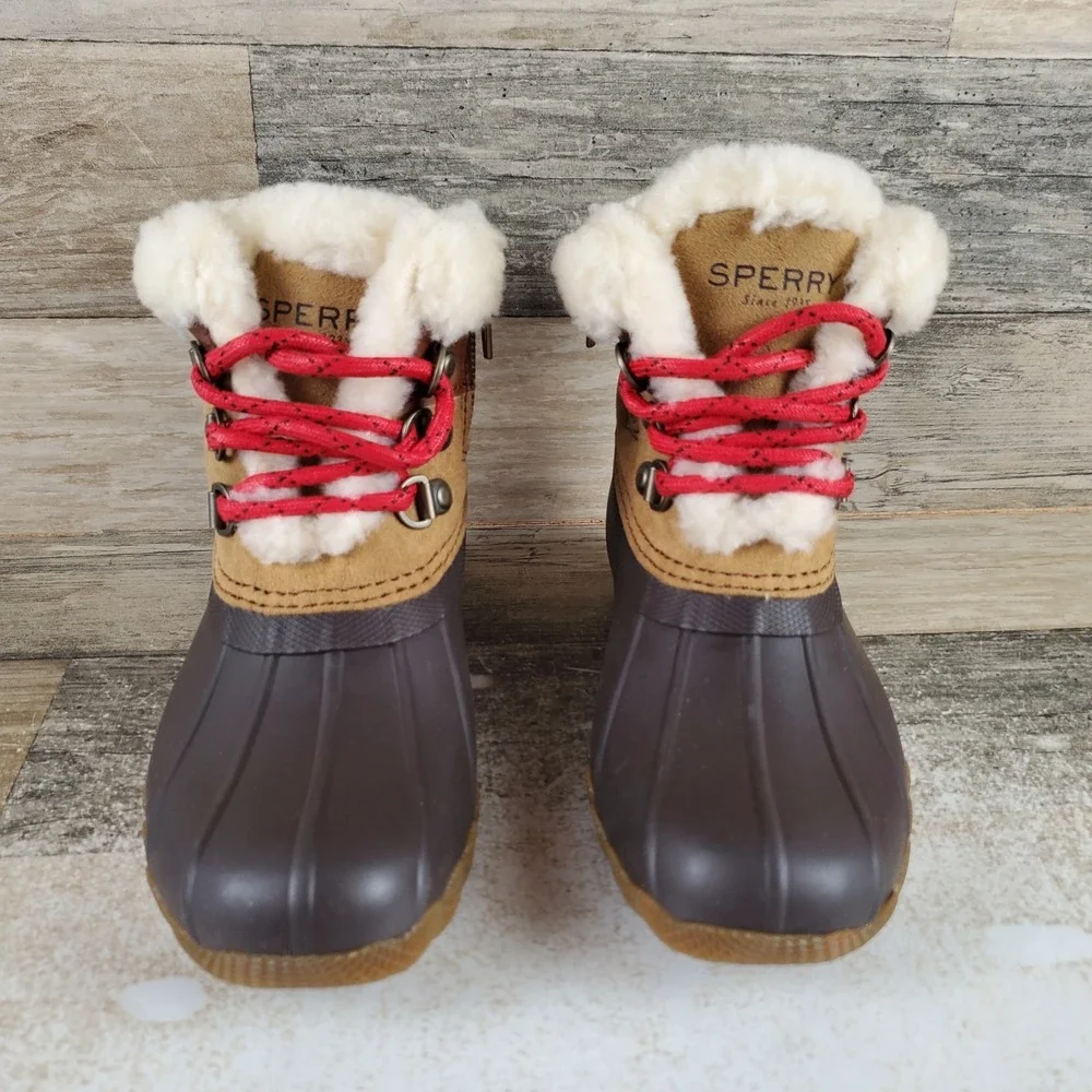 Sperry Alpine Saltwater Girls Duck Boots Sz 12 M Tan Cozy Faux-Shearling Lace-Up